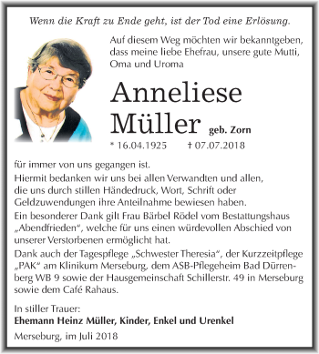 Traueranzeige von Anneliese Müller von Mitteldeutsche Zeitung Merseburg/Querfurt