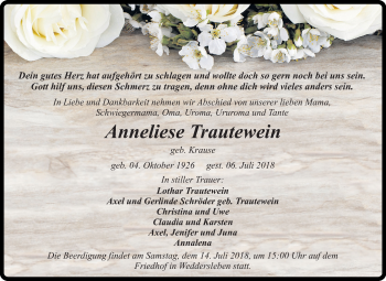 Traueranzeige von Anneliese Trautewein von Mitteldeutsche Zeitung Quedlinburg