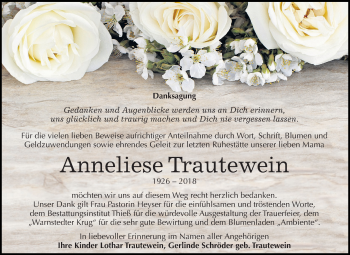 Traueranzeige von Anneliese Trautewein von Mitteldeutsche Zeitung Quedlinburg