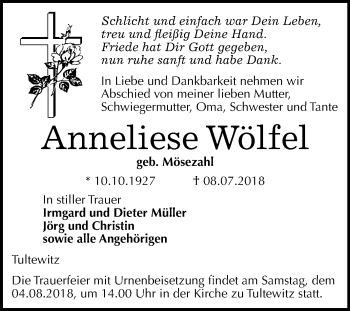 Traueranzeige von Anneliese Wölfel von Mitteldeutsche Zeitung