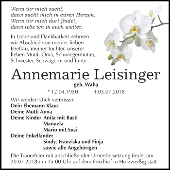 Traueranzeige von Annemarie Leisinger von Mitteldeutsche Zeitung Bitterfeld