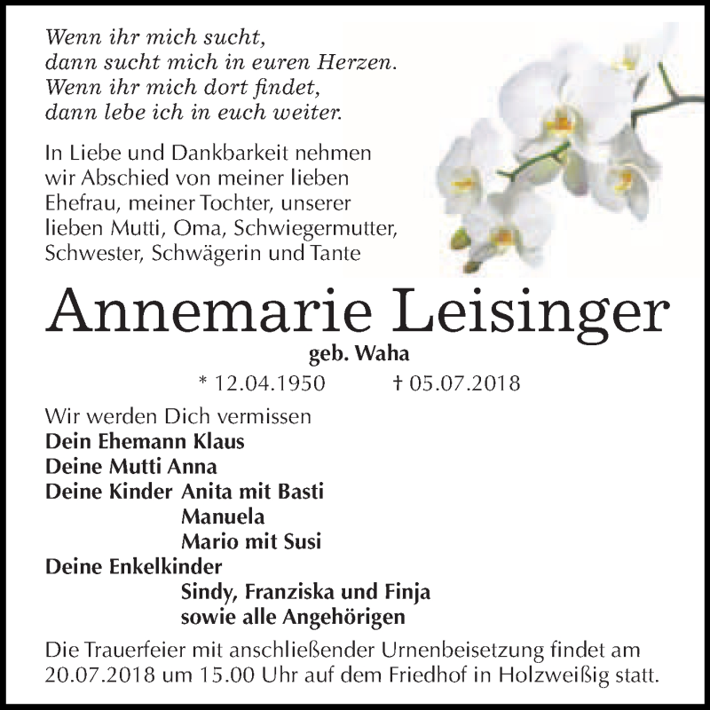  Traueranzeige für Annemarie Leisinger vom 18.07.2018 aus WVG - Wochenspiegel Bitterfeld