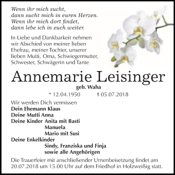 Traueranzeige von Annemarie Leisinger von WVG - Wochenspiegel Bitterfeld