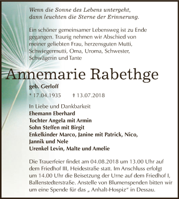 Traueranzeige von Annemarie Rabethge von WVG - Wochenspiegel Dessau / Köthen