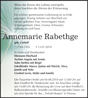 Traueranzeige von Annemarie Rabethge von Mitteldeutsche Zeitung Dessau-Roßlau