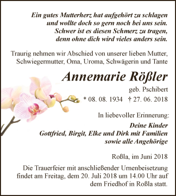 Traueranzeige von Annemarie Rößler von Super Sonntag SGH Mansf. Land