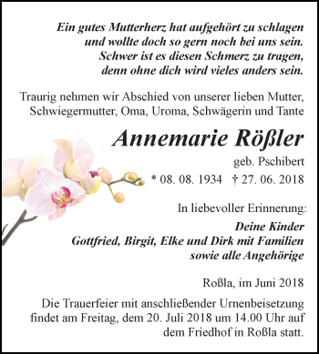 Traueranzeige von Annemarie Rößler von Mitteldeutsche Zeitung