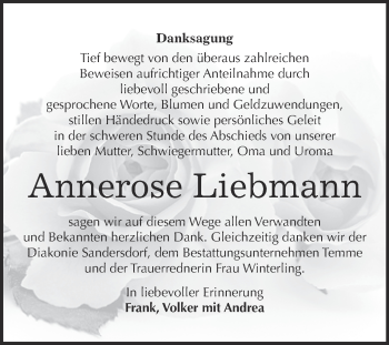 Traueranzeige von Annerose Liebmann von WVG - Wochenspiegel Bitterfeld