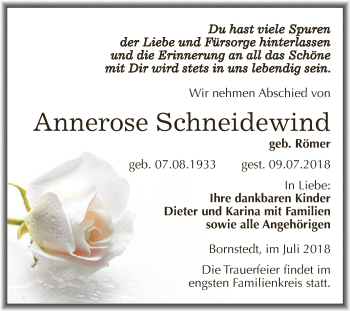 Traueranzeige von Annerose Schneidewind von Wochenspiegel Mansfelder Land