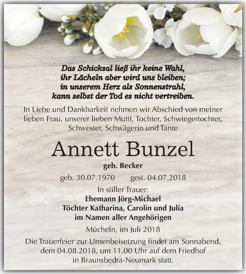  Traueranzeige für Annett Bunzel vom 14.07.2018 aus Mitteldeutsche Zeitung Merseburg/Querfurt