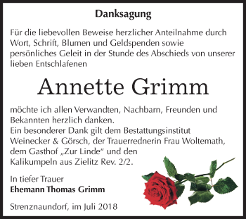 Traueranzeige von Annette Grimm von Mitteldeutsche Zeitung Bernburg