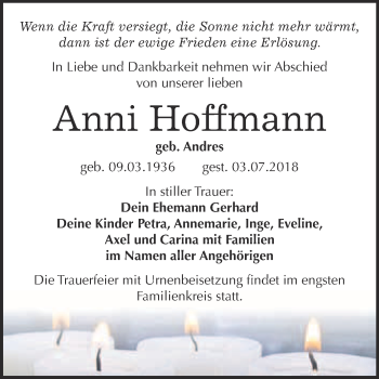 Traueranzeige von Anni Hoffmann von WVG - Wochenspiegel Bitterfeld