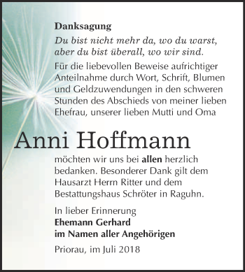 Traueranzeige von Anni Hoffmann von WVG - Wochenspiegel Bitterfeld