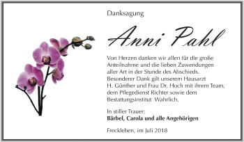 Traueranzeige von Anni Pahl von Mitteldeutsche Zeitung Aschersleben