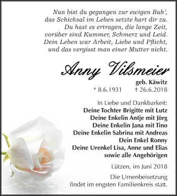Traueranzeige von Anny Vilsmeier von Super Sonntag Merseburg