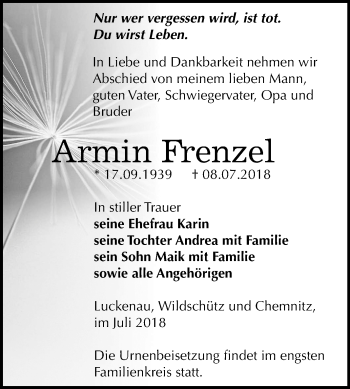 Traueranzeige von Armin Frenzel von Mitteldeutsche Zeitung Zeitz
