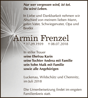 Traueranzeige von Armin Frenzel von Super Sonntag Zeitz