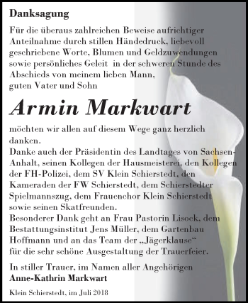 Traueranzeige von Armin Markwart von Mitteldeutsche Zeitung Aschersleben