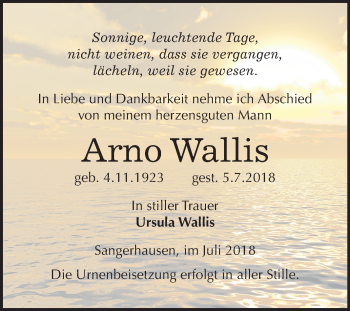 Traueranzeige von Arno Wallis von Mitteldeutsche Zeitung Sangerhausen