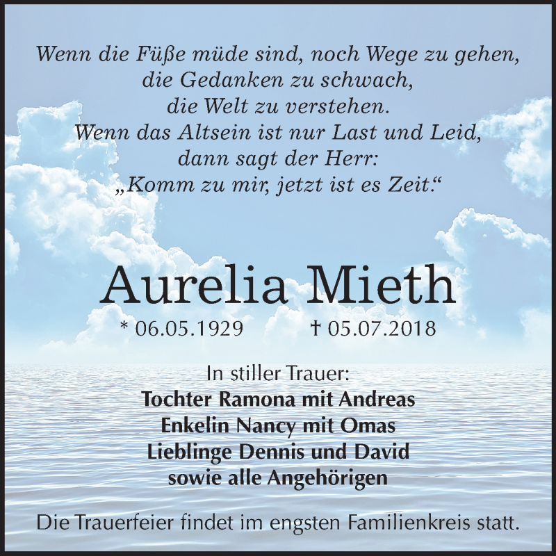  Traueranzeige für Aurelia Mieth vom 18.07.2018 aus Mitteldeutsche Zeitung