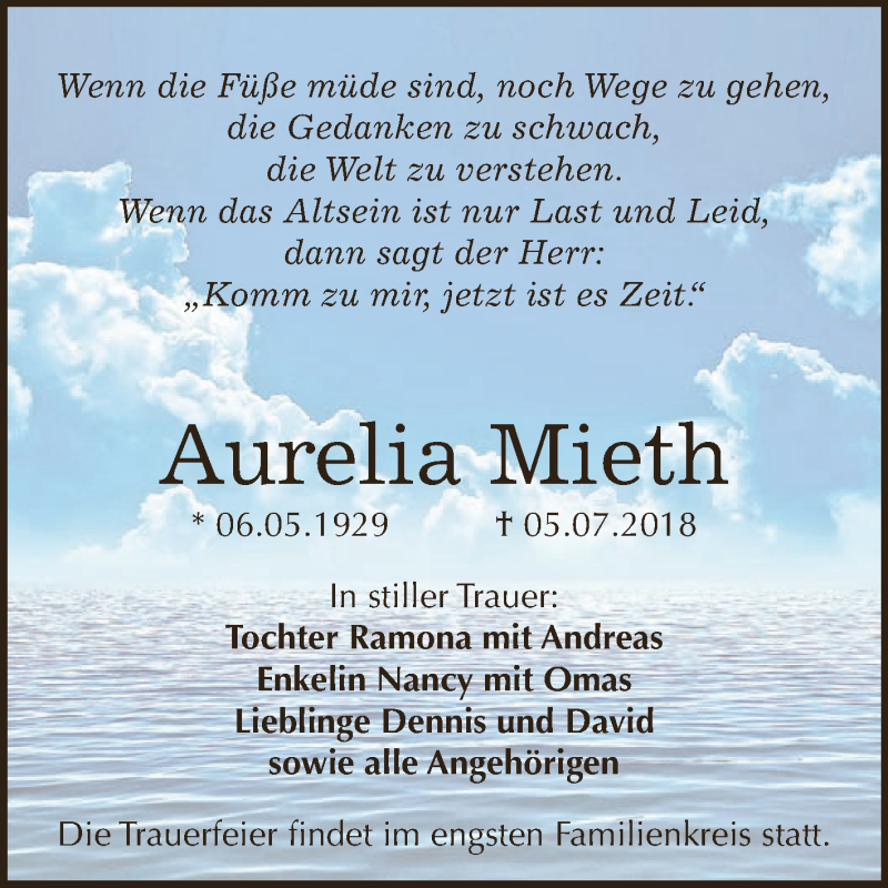  Traueranzeige für Aurelia Mieth vom 18.07.2018 aus Wochenspiegel Mansfelder Land