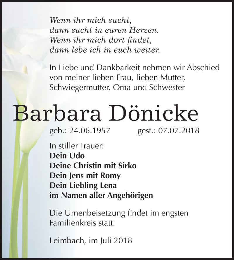  Traueranzeige für Barbara Dönicke vom 18.07.2018 aus Mitteldeutsche Zeitung Merseburg/Querfurt