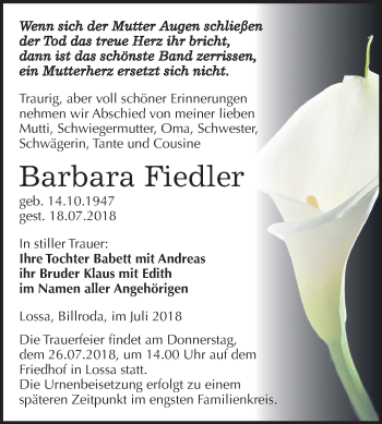 Traueranzeige von Barbara Fiedler von Mitteldeutsche Zeitung