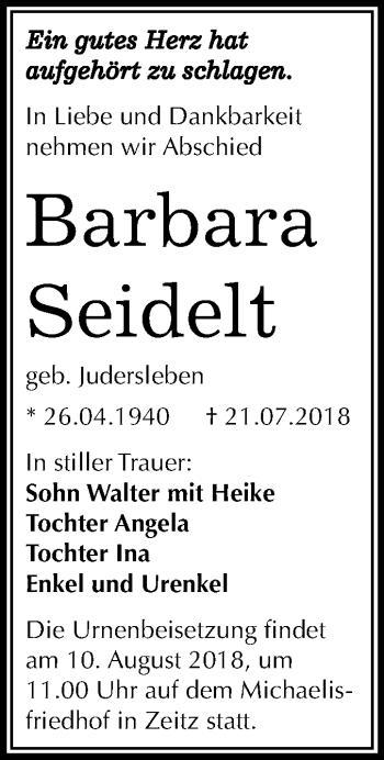 Traueranzeige von Barbara Seidelt von Mitteldeutsche Zeitung Zeitz
