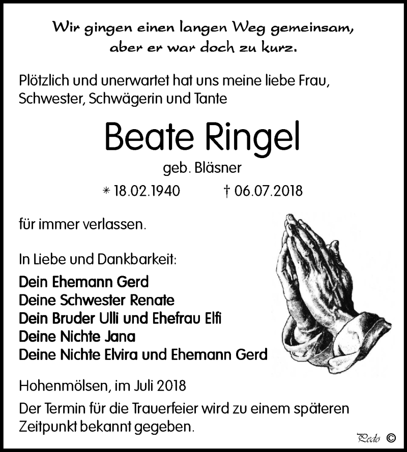  Traueranzeige für Beate Ringel vom 21.07.2018 aus Mitteldeutsche Zeitung Weißenfels