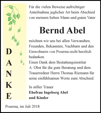 Traueranzeige von Bernd Abel von Super Sonntag Merseburg