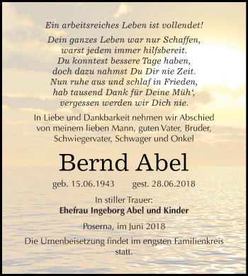 Traueranzeige von Bernd Abel von Super Sonntag Merseburg