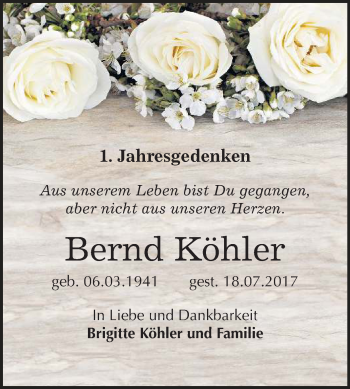 Traueranzeige von Bernd Köhler von Mitteldeutsche Zeitung