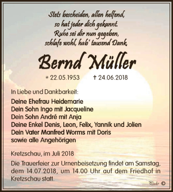 Traueranzeige von Bernd Müller von Super Sonntag Zeitz