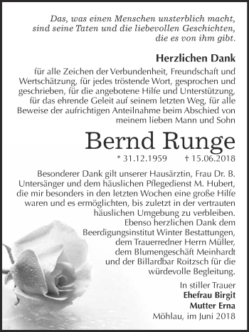 Traueranzeige von Bernd Runge von WVG - Wochenspiegel Bitterfeld