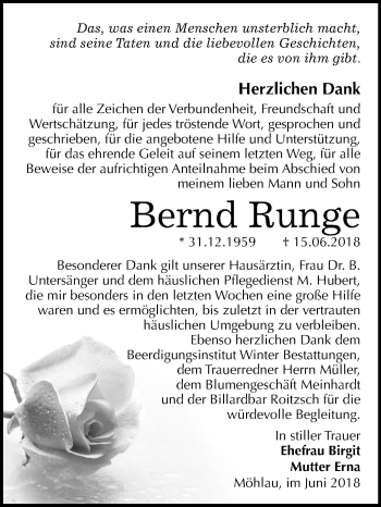 Traueranzeige von Bernd Runge von Mitteldeutsche Zeitung