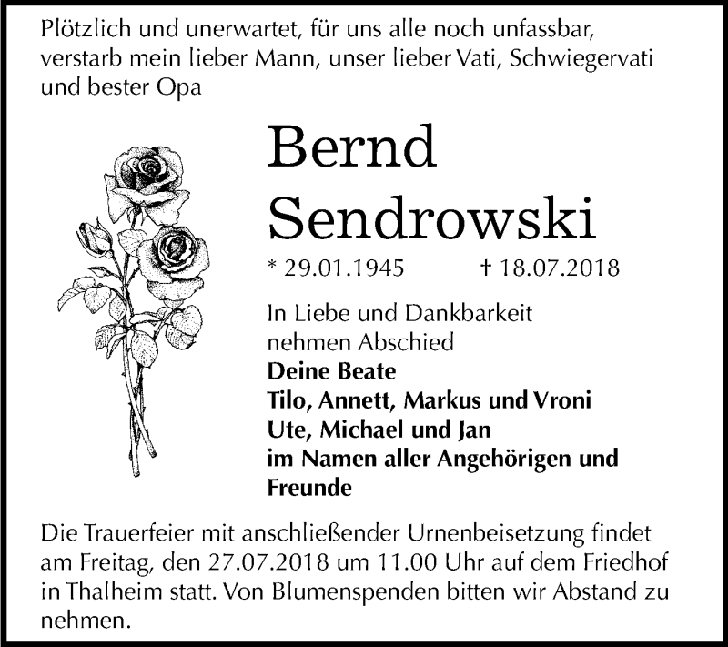  Traueranzeige für Bernd Sendrowski vom 21.07.2018 aus Mitteldeutsche Zeitung Bitterfeld