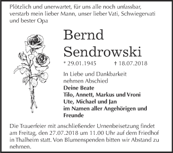 Traueranzeige von Bernd Sendrowski von WVG - Wochenspiegel Bitterfeld