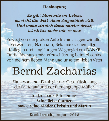 Traueranzeige von Bernd Zacharias von Super Sonntag SGH Mansf. Land