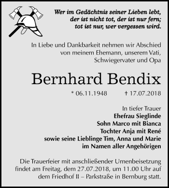 Traueranzeige von Bernhard Bendix von Mitteldeutsche Zeitung Bernburg