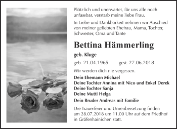 Traueranzeige von Bettina Hämmerling von WVG - Wochenspiegel Bitterfeld