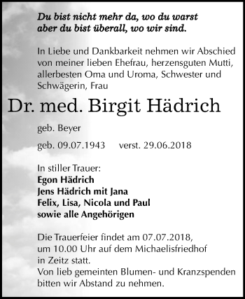 Traueranzeige von Birgit Hädrich von Mitteldeutsche Zeitung Zeitz