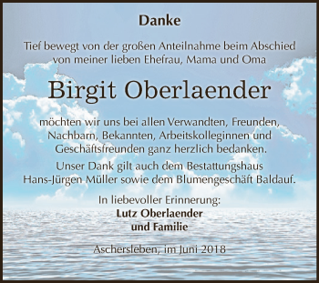 Traueranzeige von Birgit Oberlaender von Super Sonntag Aschersleben