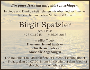 Traueranzeige von Birgit Spatzier von WVG - Wochenspiegel Dessau / Köthen