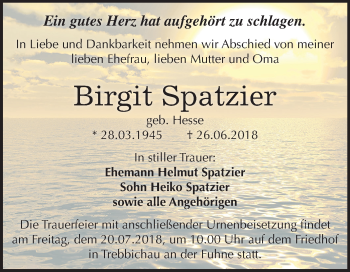 Traueranzeige von Birgit Spatzier von Mitteldeutsche Zeitung Köthen