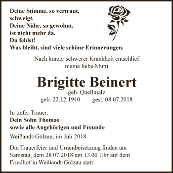 Traueranzeige von Brigitte Beinert von WVG - Wochenspiegel Dessau / Köthen