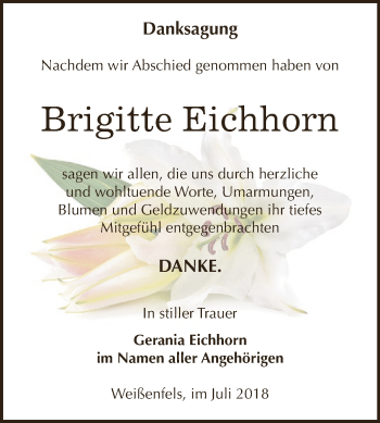 Traueranzeige von Brigitte Eichhorn von WVG - Wochenspiegel NMB / WSF / ZTZ