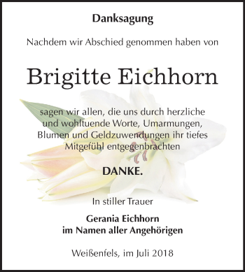 Traueranzeige von Brigitte Eichhorn von Mitteldeutsche Zeitung Weißenfels