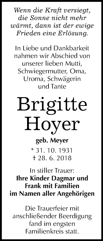Traueranzeige von Brigitte Hoyer von Mitteldeutsche Zeitung Halle/Saalkreis