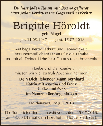 Traueranzeige von Brigitte Höroldt von Super Sonntag SGH Mansf. Land