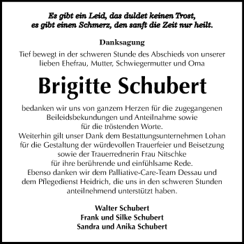 Traueranzeige von Brigitte Schubert von Mitteldeutsche Zeitung Bitterfeld